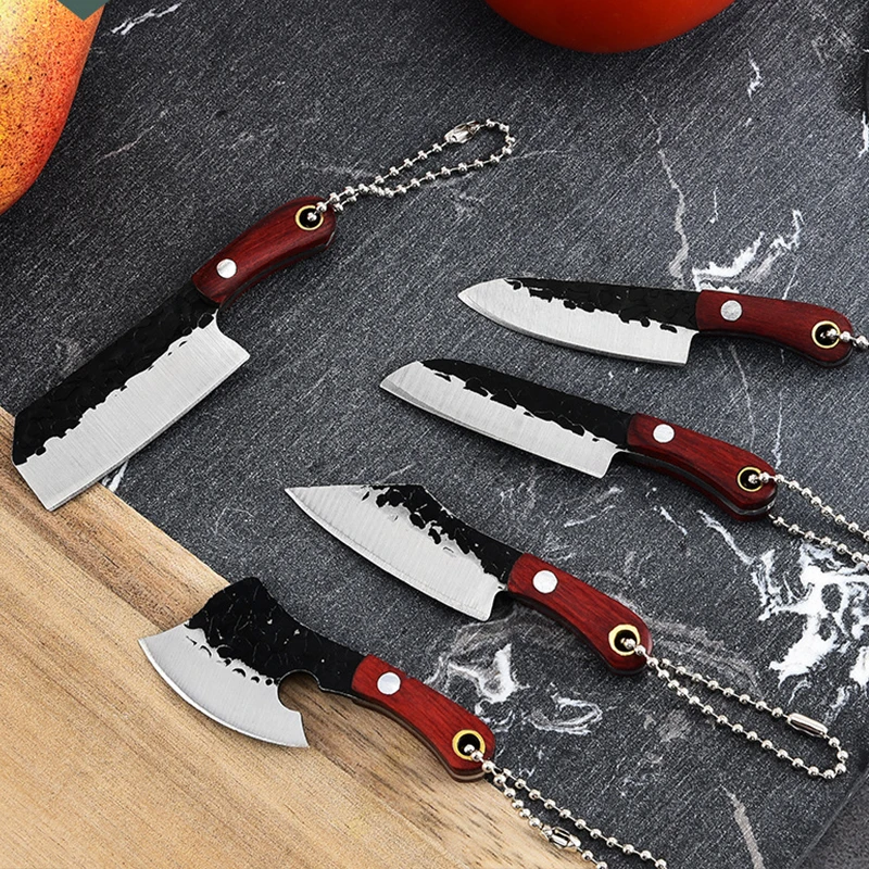 New Forged Pattern Knife Wood Handle Kitchen Key Chain Pocket Knife Stainless Steel Camping EDC Small Portable Open Box Knife