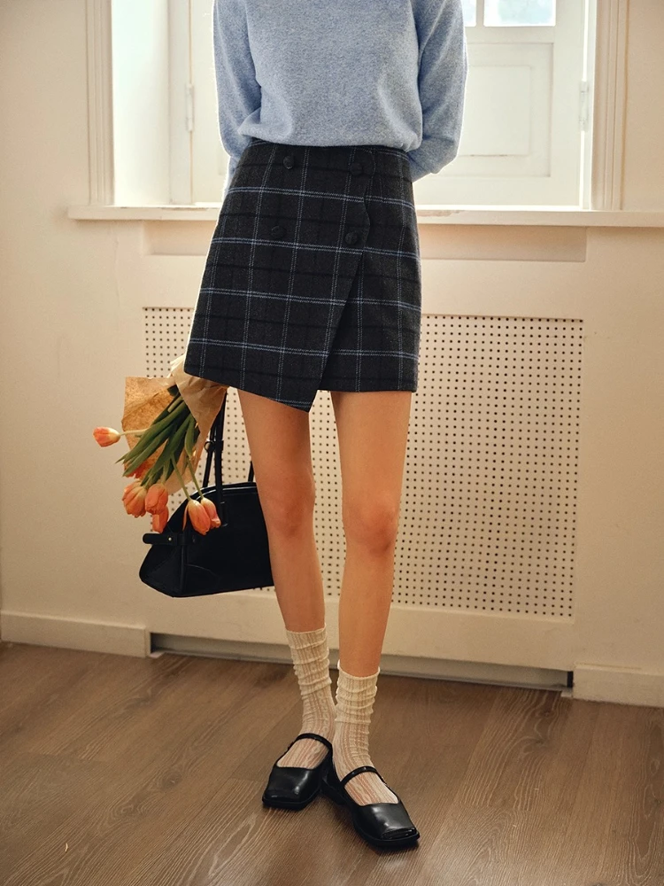 OLrain Vintage faldas a cuadros para mujer 2025 otoño Mini Falda corta Falda recta Irregular ropa de mujer elegante O57QB001600