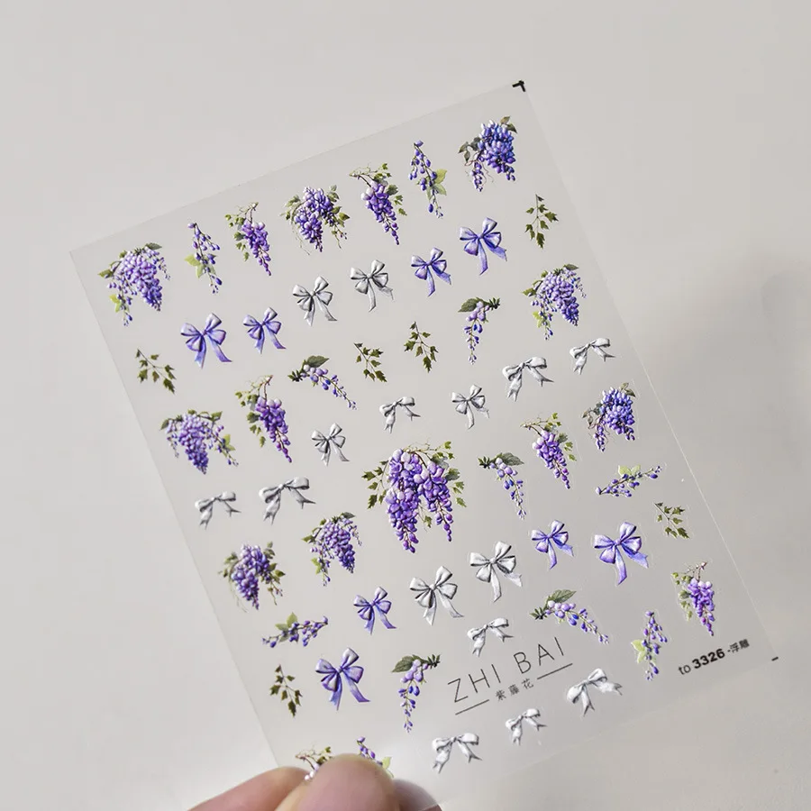 1pcs 5D Exquisite Kawaii Wisteria Flower Nail Art Stickers Purple Flower Bow Nail Decoration Slider Decal Adhesive Transfer Part