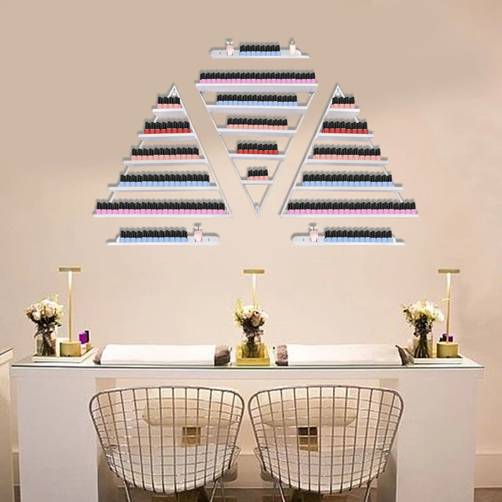 

Triangle Wall Mounted Nail Polish Display Racks 5 Tier White Shelves For Salon And Home Use With High Load Bearing Capacity