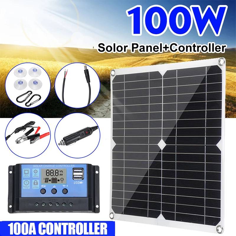 100W Solar Panel Dual USB18V/5V Photovoltaic Cell System With Controller Portable Outdoor  Rechargeablesolar Solar Cells