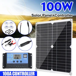 Panel Solar de 100W, sistema de células fotovoltaicas con controlador, USB Dual, 18V/5V, células solares recargables portátiles para exteriores