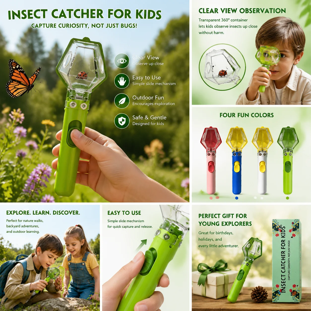 Lunette d'observation des insectes pour enfants |   Fenêtre d'observation multi-angles, protection des bords souples pour les ailes et le corps des insectes |