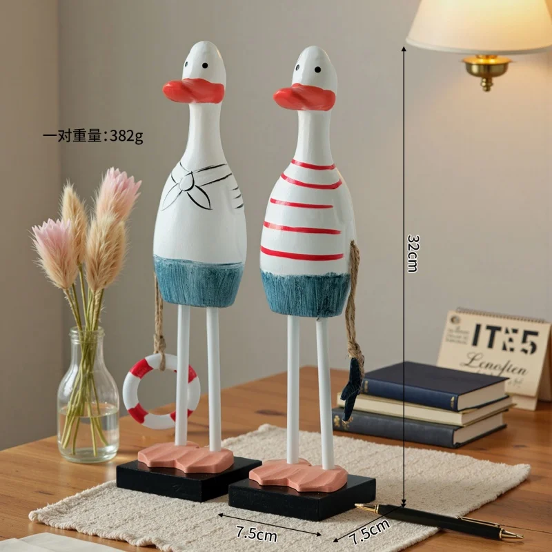 1 Pair Wooden Couple Duck Figurines, Nordic Solid Wood Mediterranean Style, Creative Home Decor Gift