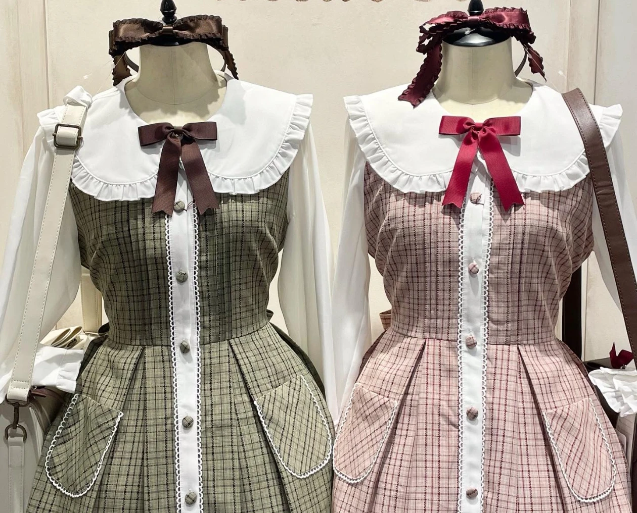 Japanische Süße Nette Puppe Kragen Bogen Patchwork Langarm Einreiher Hohe Taille Schlank A-linie Plaid Lolita Kleid Frauen herbst
