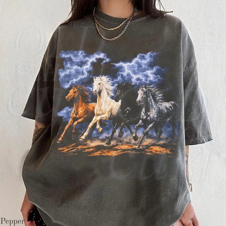 Running Horses Vintage 90s Graphic T-Shirt, Retro Lightning Storm Western Cowboy Tee, Wild Horse Animal Print Casual Short Sleeve Top for Men Women