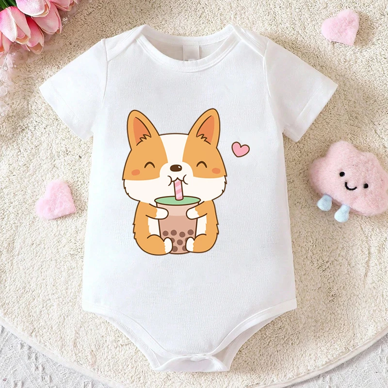 

Adorable Corgi Bobo Tea Print Bodysuits Soft And Comfy Short Sleeve Jumpsuits Baby Boys And Girls Perfect Gift Idea For Newborns