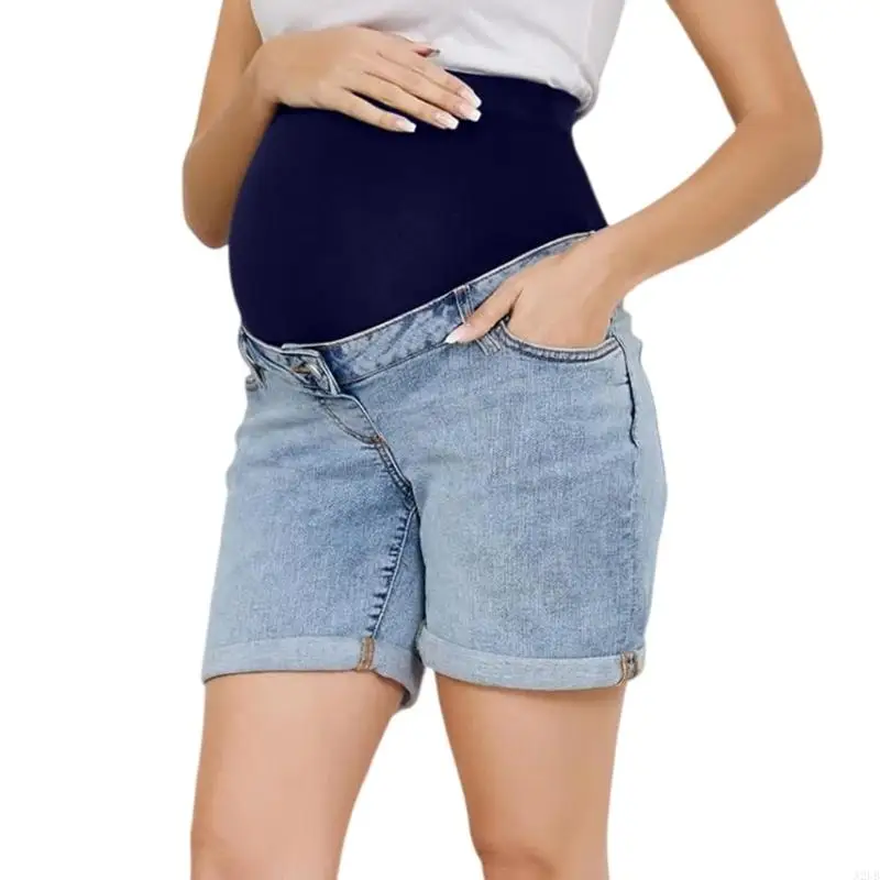 Elastische Überbauch-Schwangerschafts-Jeans-Shorts, gerollter Saum, atmungsaktiv, bequem für werdende Mütter, tägliches Tragen – Detail 3
