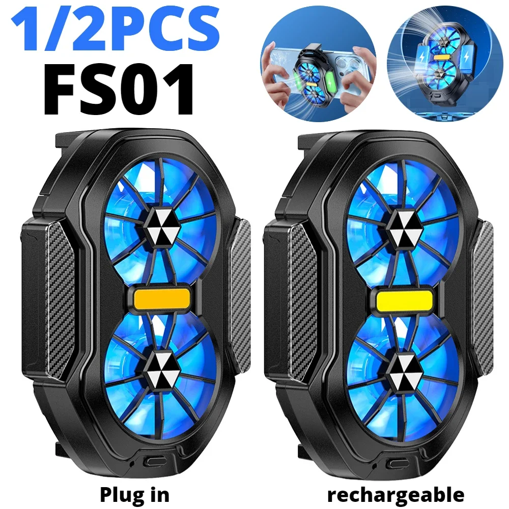 1/2pcs FS01 Dual Fan Mobile Phone Cooler for Games Cell Phone Cooling Fan Plug-in Rechargeable Mobile Phone Radiator for Gaming