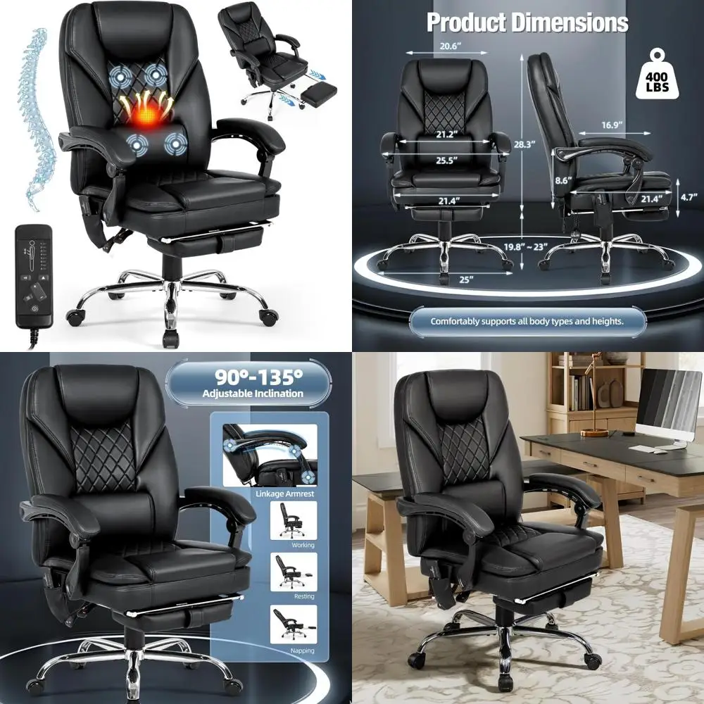 كرسي مكتب جلدي مريح عالي الظهر مع مسند للقدمين، اهتزاز 4 نقاط وتدليك حراري للراحة التنفيذية
