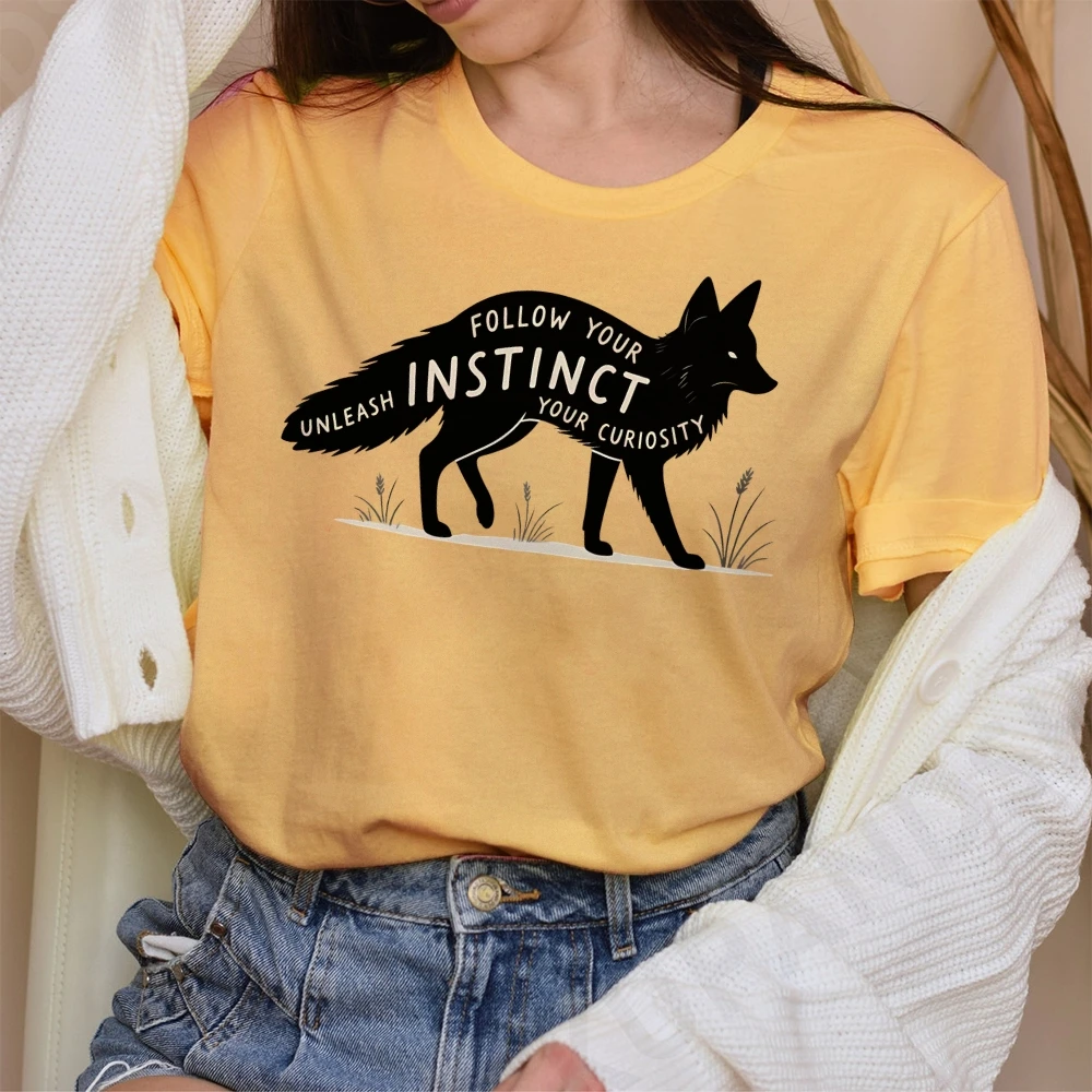 

Y2K Women‘s Clothes Cotton Casual T-Shirt Silhouette Fox Follow Instinct Crew Neck Graphic Tees Street Wear Colorful Cartoon