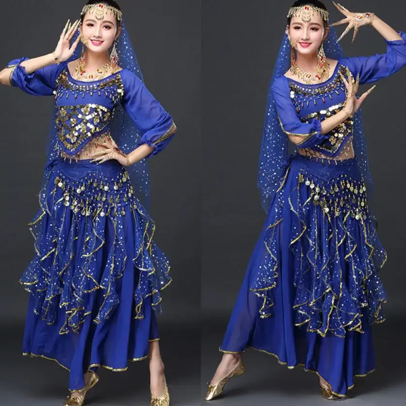 Bollywood Sequin Costumes Adult Indian Belly Dance Women Short Sleeve Chiffon Set