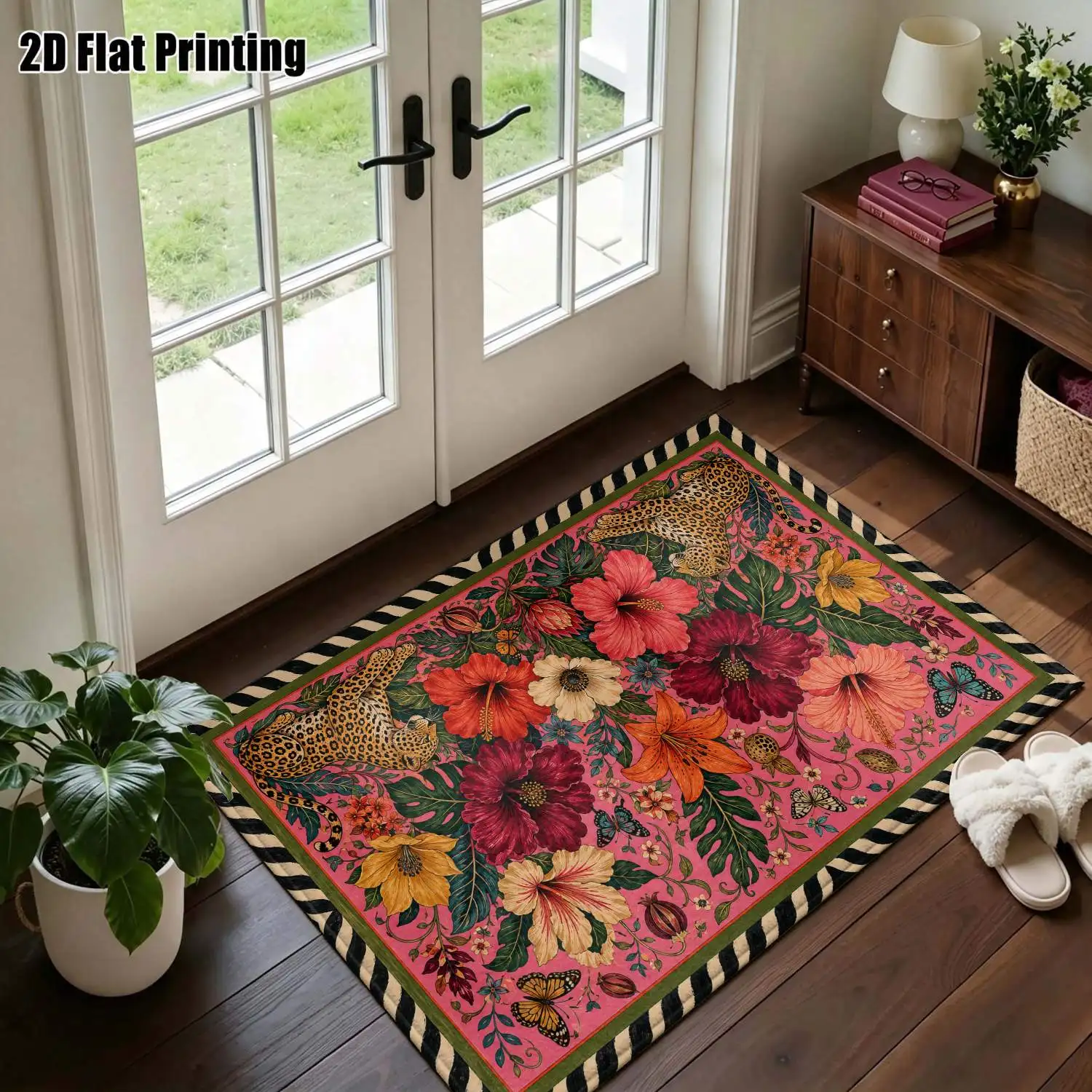 1Pc 2D Printed Carpet: Pink Leopard Flower Pattern, European/Bohemian/Vintage/Geometric Striped Styles Machine Washable, Multi-Size, Ideal for Home Decor, Door Mats, Dining, Bedroom, Living Room.