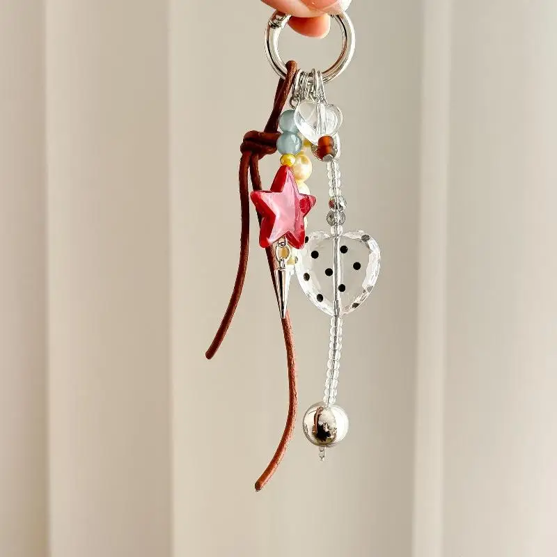 S Retro Dots Heart Shape Pendant Keychain Creativity Pentagram Star Backpack Hanging Car Keyring Trend Accessories