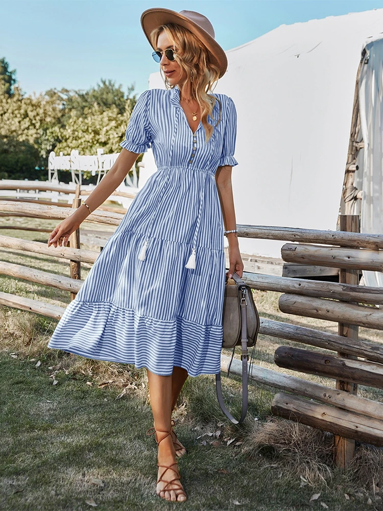 Women\'s Causal Striped Tassel Medium Long Dress V Neck Button Short Sleeve Spring Summer Dress