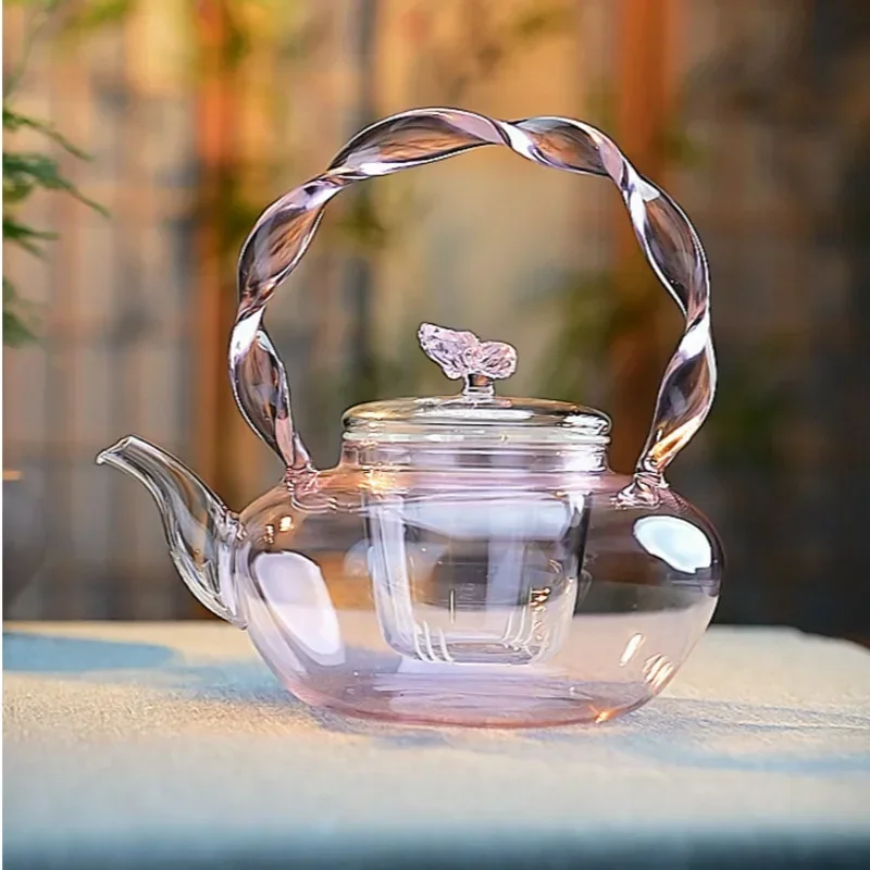 New Arrivals Home Pink Glass Boiled Teapot High Borosilicate Heat Resistant Flower Tea Kettle Creative Girls Special Beam Pot