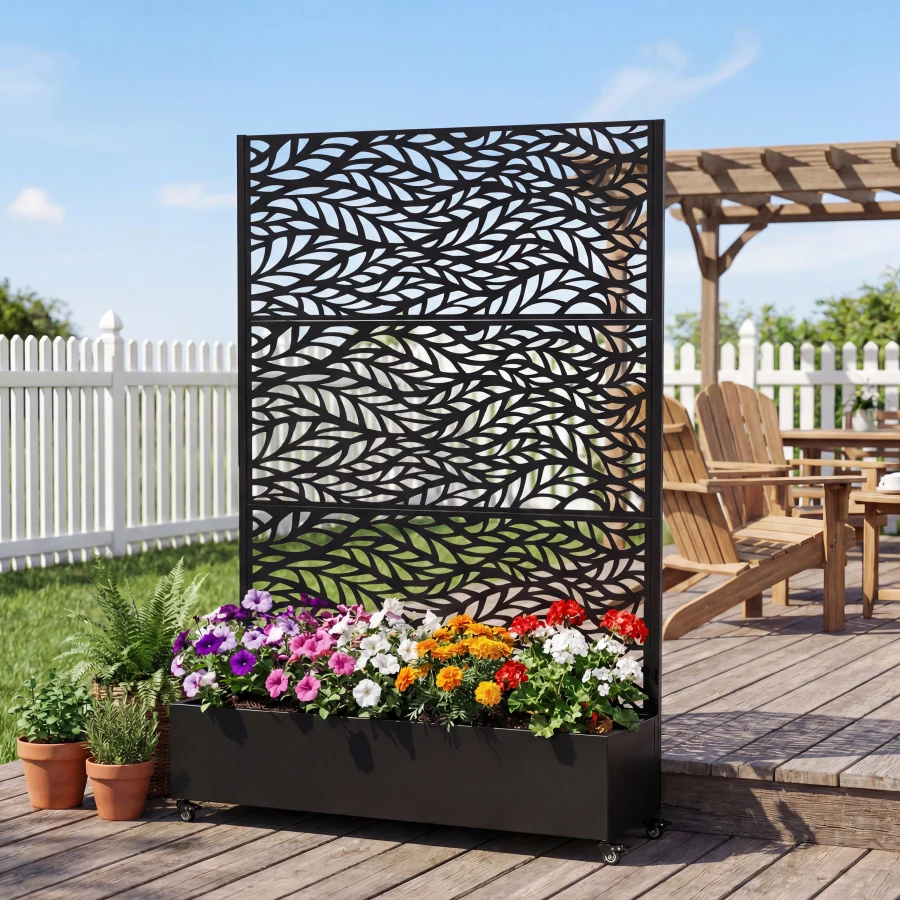 Raised garden bed with wheels and trellis for climbing plants, vegetables, vines; 73x47x16 metal planter box in charcoal gray w