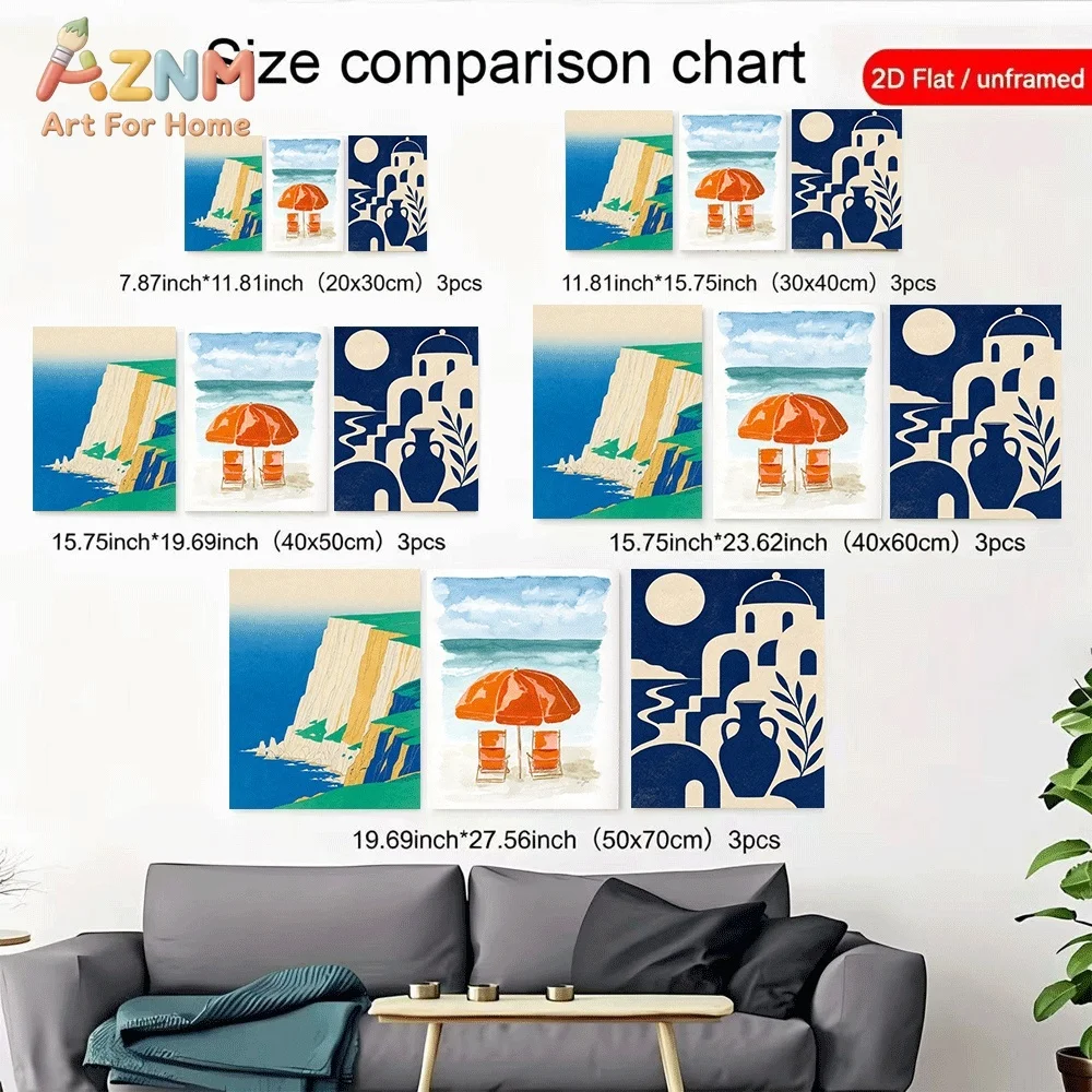 AZNM 3Pcs Abstract Coastal Cliff Beach Canvas Wall Art Mediterranean Building Umbrella Poster Modern Home Decor No Frame Paint