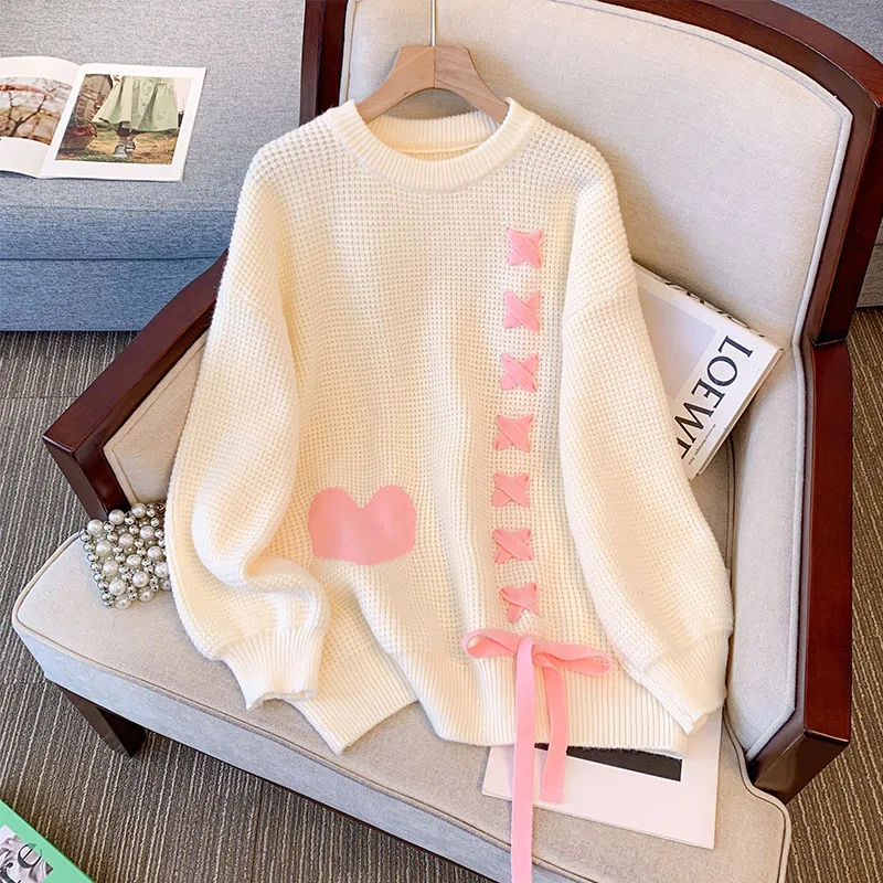 Casual Long Sleeves Elegant Scarf Chic Print Bandage Loose Knit Sweater Top French Vintage Office Lady Winter Plus Size Clothing