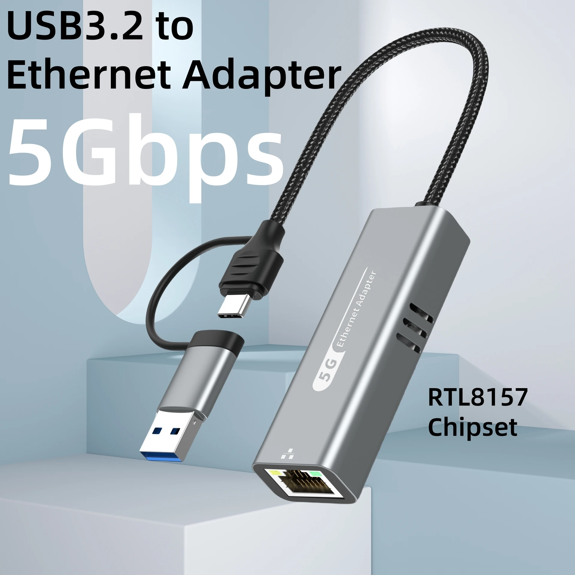 

USB 3.2 to 5Gbps Ethernet Adapter with RTL8157 Chipset 5000Mbps RJ45 Network Converter for Laptop Supports 5G/2.5G/1G/100Mbps