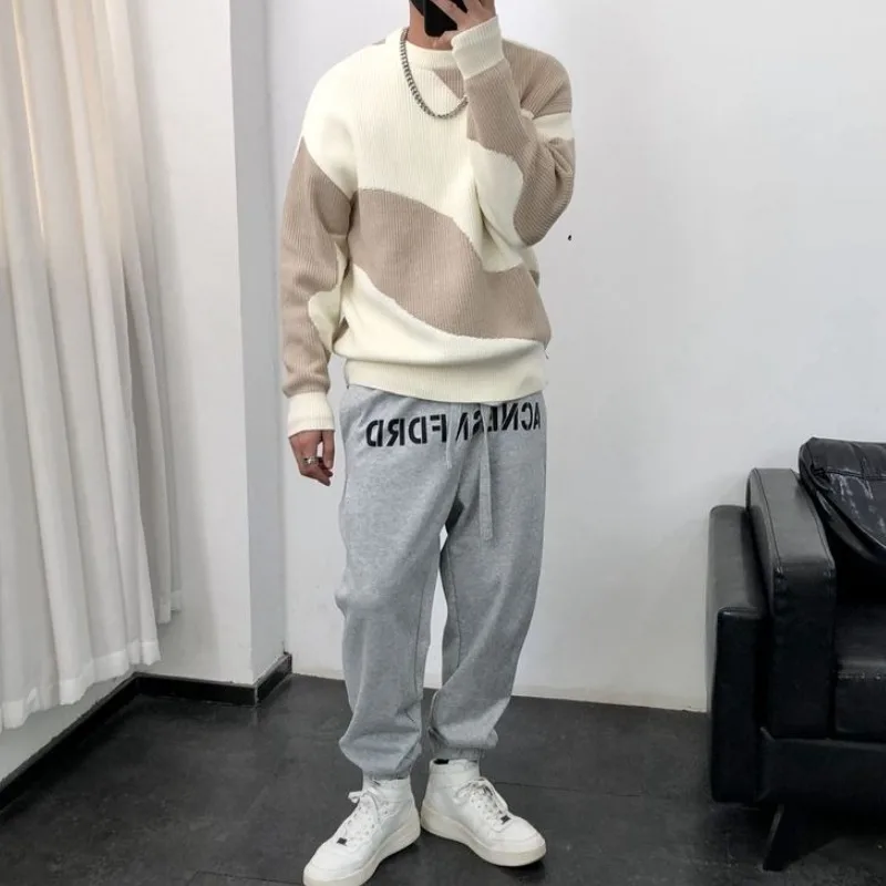 سترة رجالية متماسكة بياقة دائرية ملابس تريكو ضيقة قابلة للتمدد بالإضافة إلى حجم كبير بلوزة هاراجوكو منسوجة للخريف والشتاء بلوفرات رخيصة للرجال #3