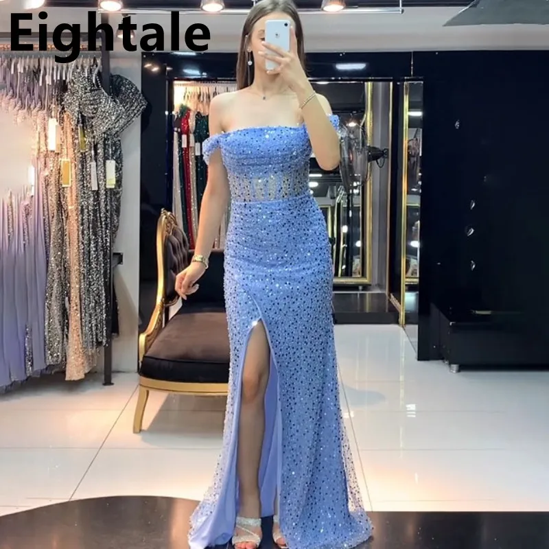 

Eightale 2024 Light Blue Sequin Evening Dresses For Wedding Party Off Shoulder Mermaid Formal Prom Dress Dubai Party Gown