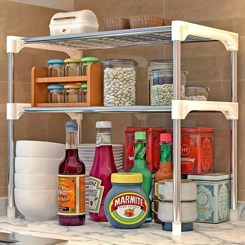 2-Tier Stainless Steel Microwave Oven Rack - Multipurpose Kitchen Storage Shelf with All-In-One Organizer