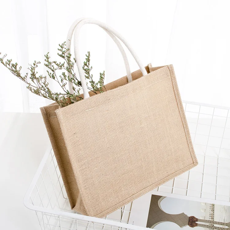 Customized Logo Print Korean Style Linen Tote Bag in Stock DIY Blank Natural Linen Bag Ins Fashion High-end Linen Handbag