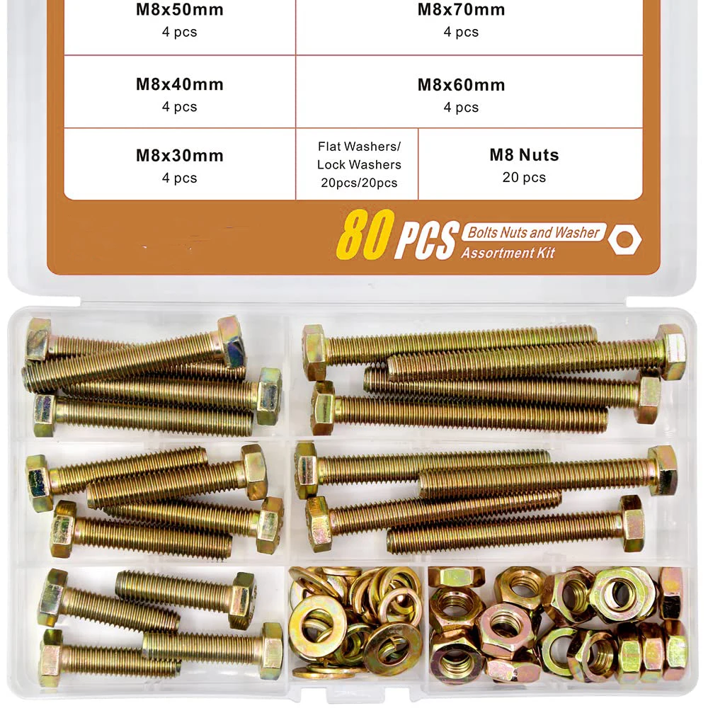 

80 шт. винтов и гаек с шестигранной головкой 8,8 M8 с комбинированным комплектом плоских стопорных шайб, 30/40/50/60/70 мм