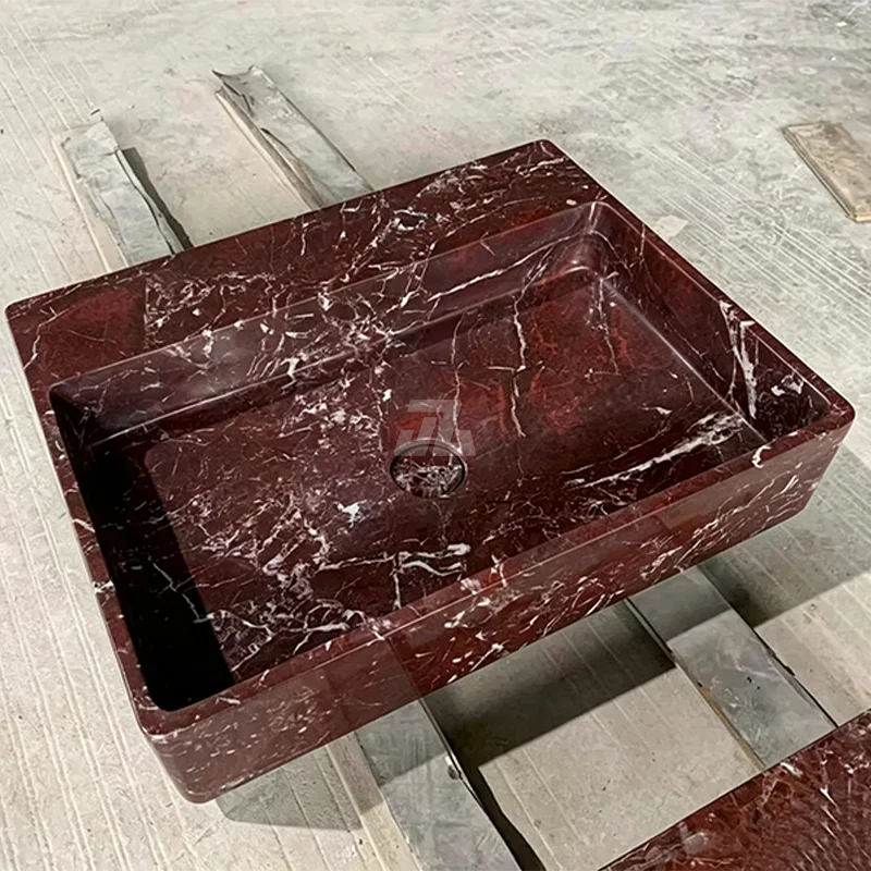 Modern Natural Rosso Levanto Marble Integrated Rectangle Washbasin Sink Easy Clean Eco-Friendly Features for Hotel Office