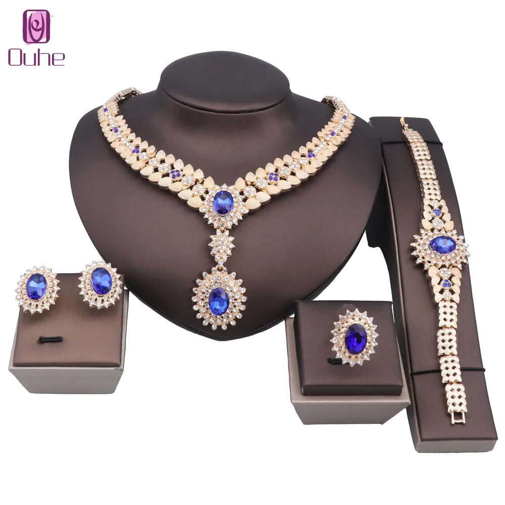 Women\'s Bridal Crystal Zircon Statement Necklace Earrings Bangle Ring Wedding Party Dinner Dress Costume Jewelry Set