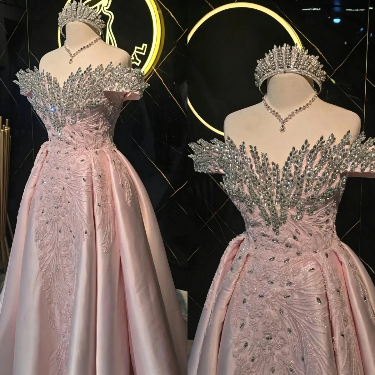 

Graceful Mermaid Evening Dresses For Women Crystal Sequins Gown Off Shoulder Sleeveless Detachable Train Dress Party Custom Made