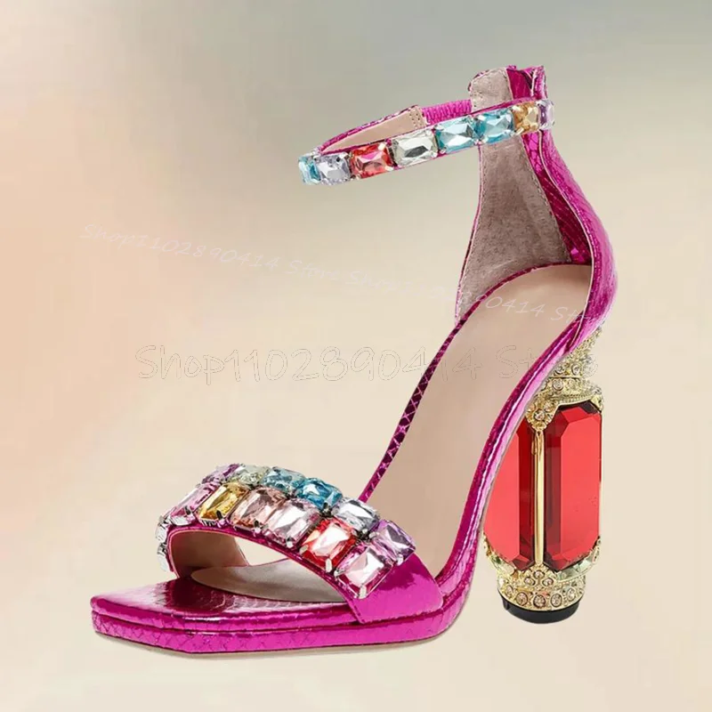 

Colorful Crystal Decor Strange Style Heels Open Toe Sandals Back Zipper Women Shoes Novel Party Banquet 2024 Zapatos Para Mujere