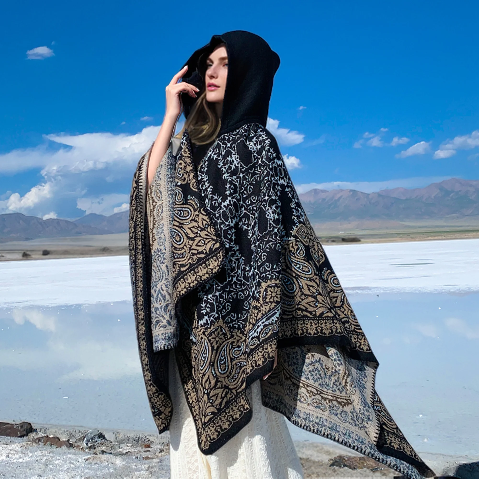 

Новая модная женская толстовка с узором, элегантная шаль, теплый двусторонний шарф для осени/зимы, для путешествий на открытом воздухе, теплый плащ-накидка