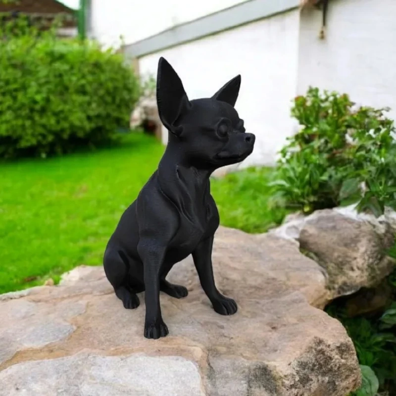 3D Printed Black Sitting Chihuahua Statue, Realistic Puppy Figurine, Indoor Desktop Outdoor Garden Ornament Gift for Dog Lovers
