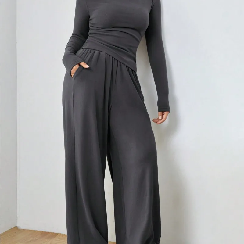 Women\'s Suit Solid Color Long Sleeve Casual Wide Leg Pants Fashion Two Piece Suit Home Clothing