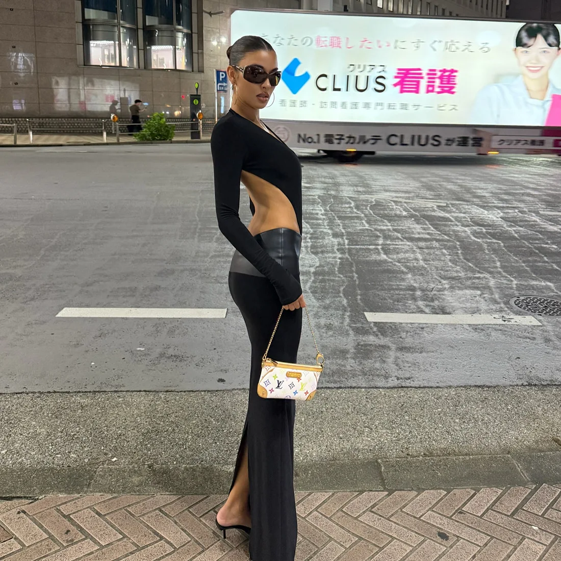 Abito lungo senza schienale con scollo a V profondo alla moda crittografica Abito lungo senza schienale con scollo a V Abito elegante da festa per club Abiti lunghi autunnali a maniche lunghe