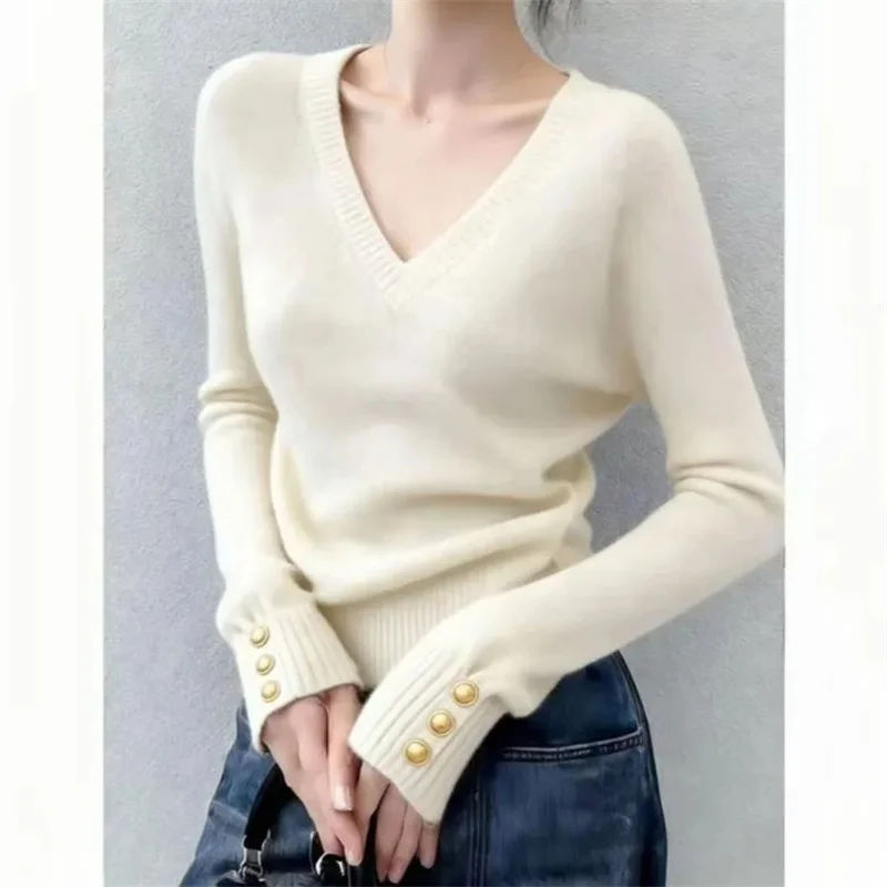 

Spring Ladies V-neck Pullover Knitted Coat Autumn Female Solid Color Casual Sweater Tops Korean Women Fashion Long Sleeved Knit