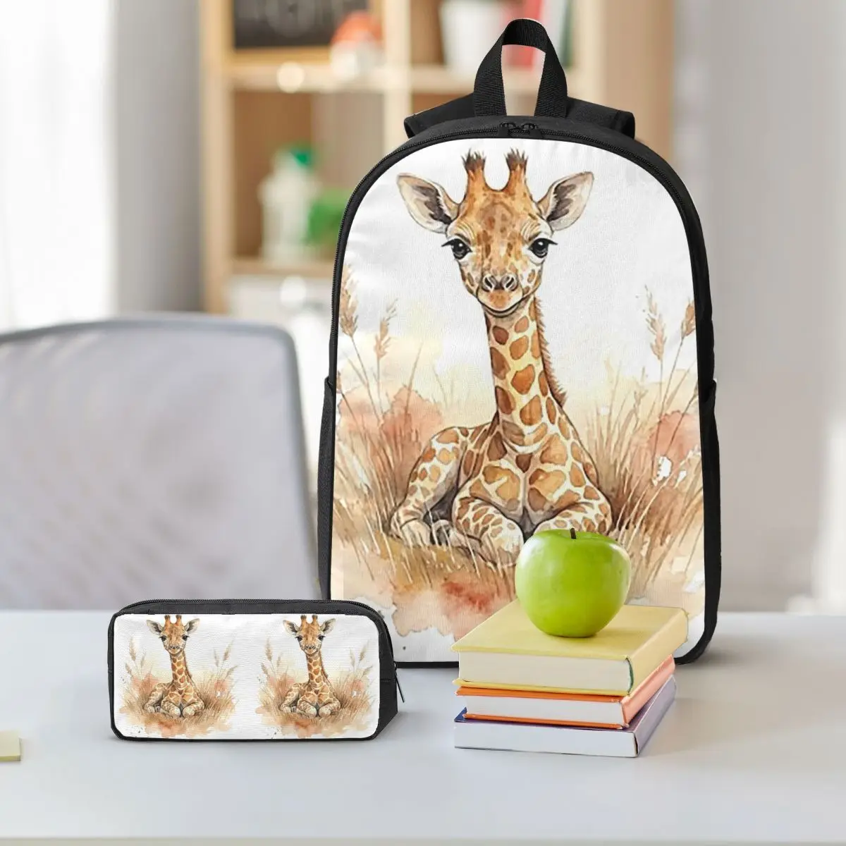 Giraffe Watercolor Pattern Backpack Student BookBag School Bag Shoulder Bags 3ps Insulated Lunch Bag Pencil Case