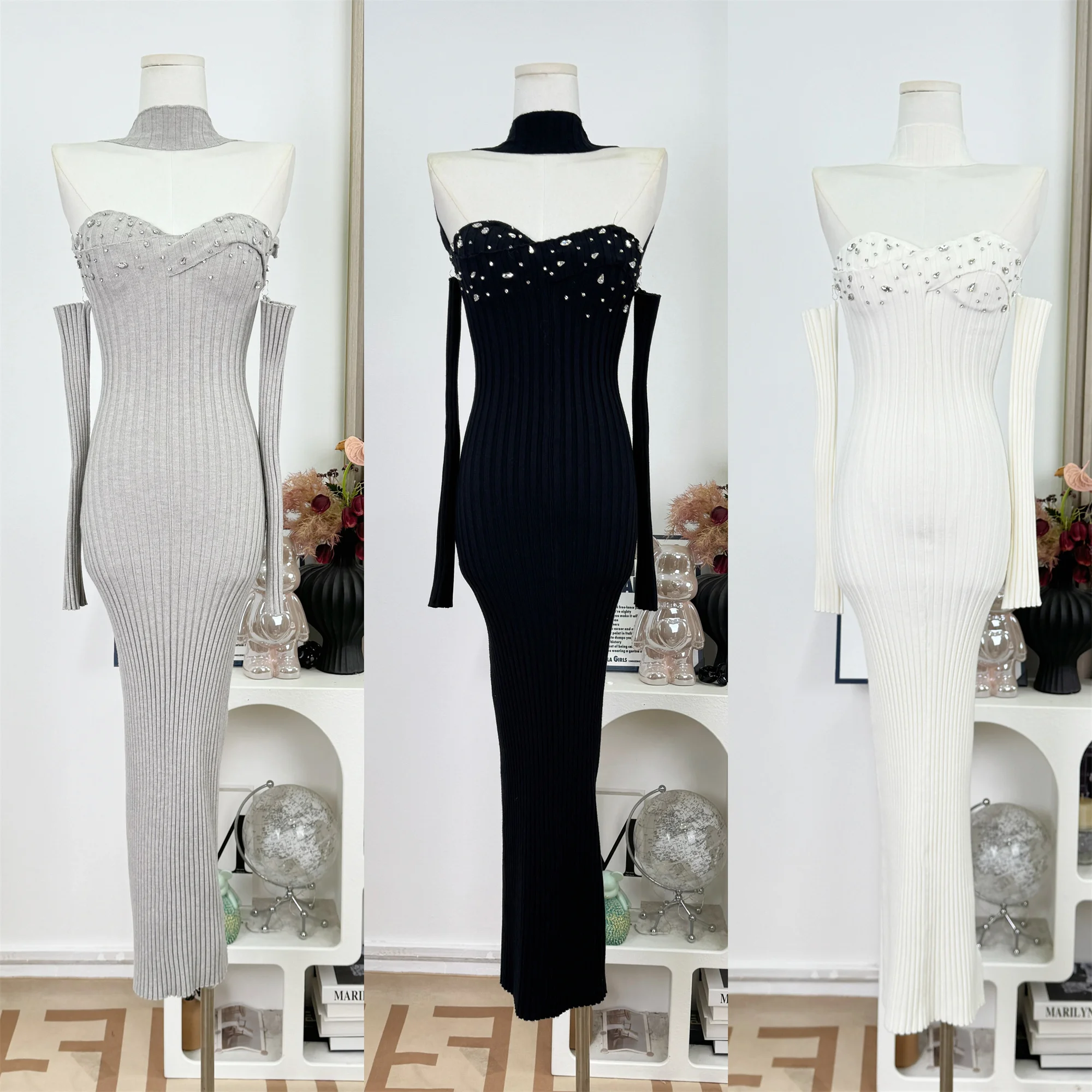 

Сексуальное трикотажное длинное платье без бретелек Pure Desire Diamond, женское осеннее утягивающее платье миди с высокой талией для повседневной носки F532