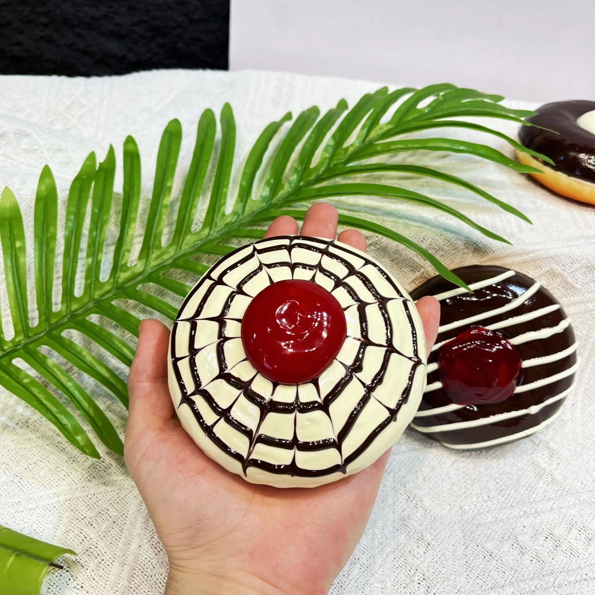 Picture 6: 10cm Handmade Fake Jam Donut Model Ultra Realistic Glazed Doughnut with Fruit Filling for Display Photography Bakery Decor