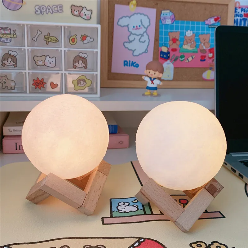 Luz de noche LED con impresión 3D, lámpara de Luna Kawaii, batería recargable, táctil, luces de noche para niños, regalo para el hogar