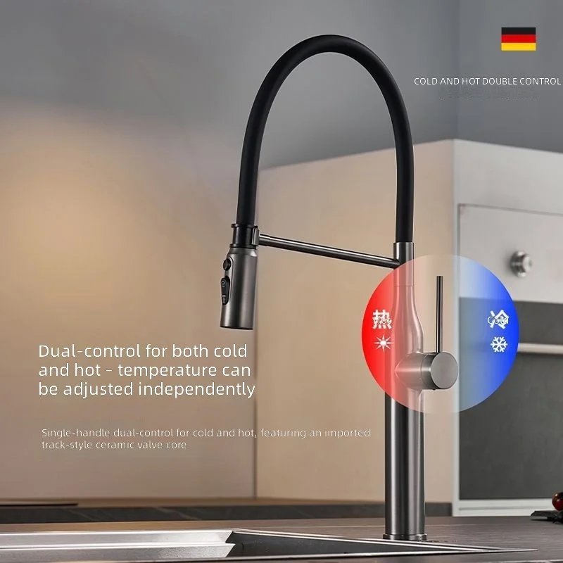 #Luxury Gun Grey Kitchen Faucet, Stainless Steel, 360° Swivel, Extendable Silicone Hose, Hot and Cold Water Tap