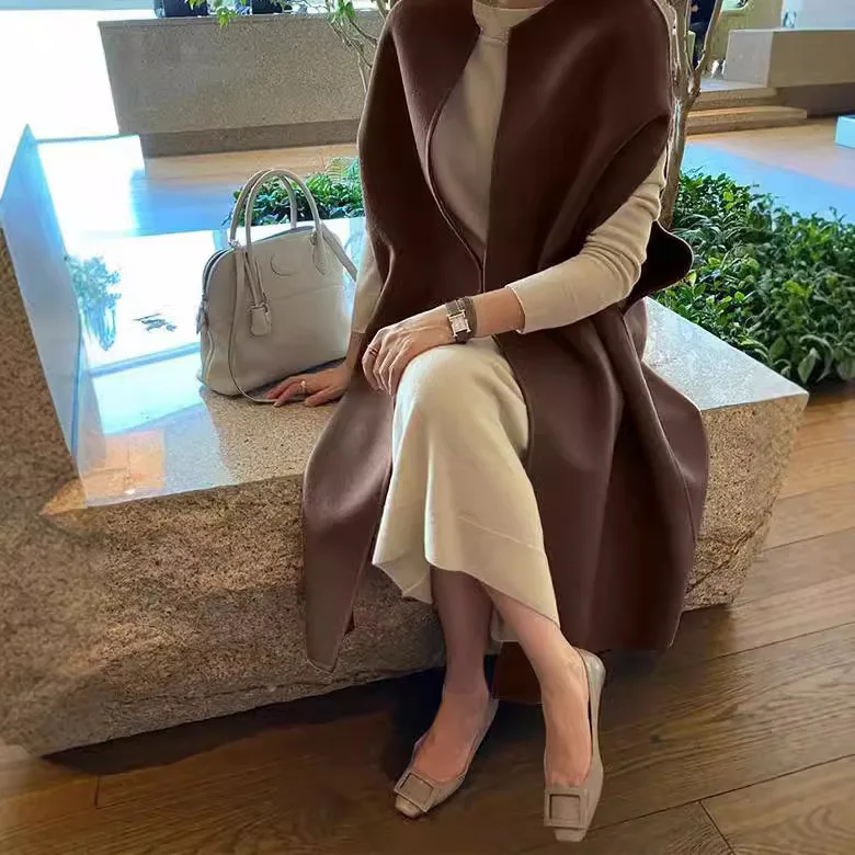 Korean Elegant Vintage O Neck Shawl Loose All Match Medium Length Cardigan Woolen Vest Women 2026 Autumn Winter