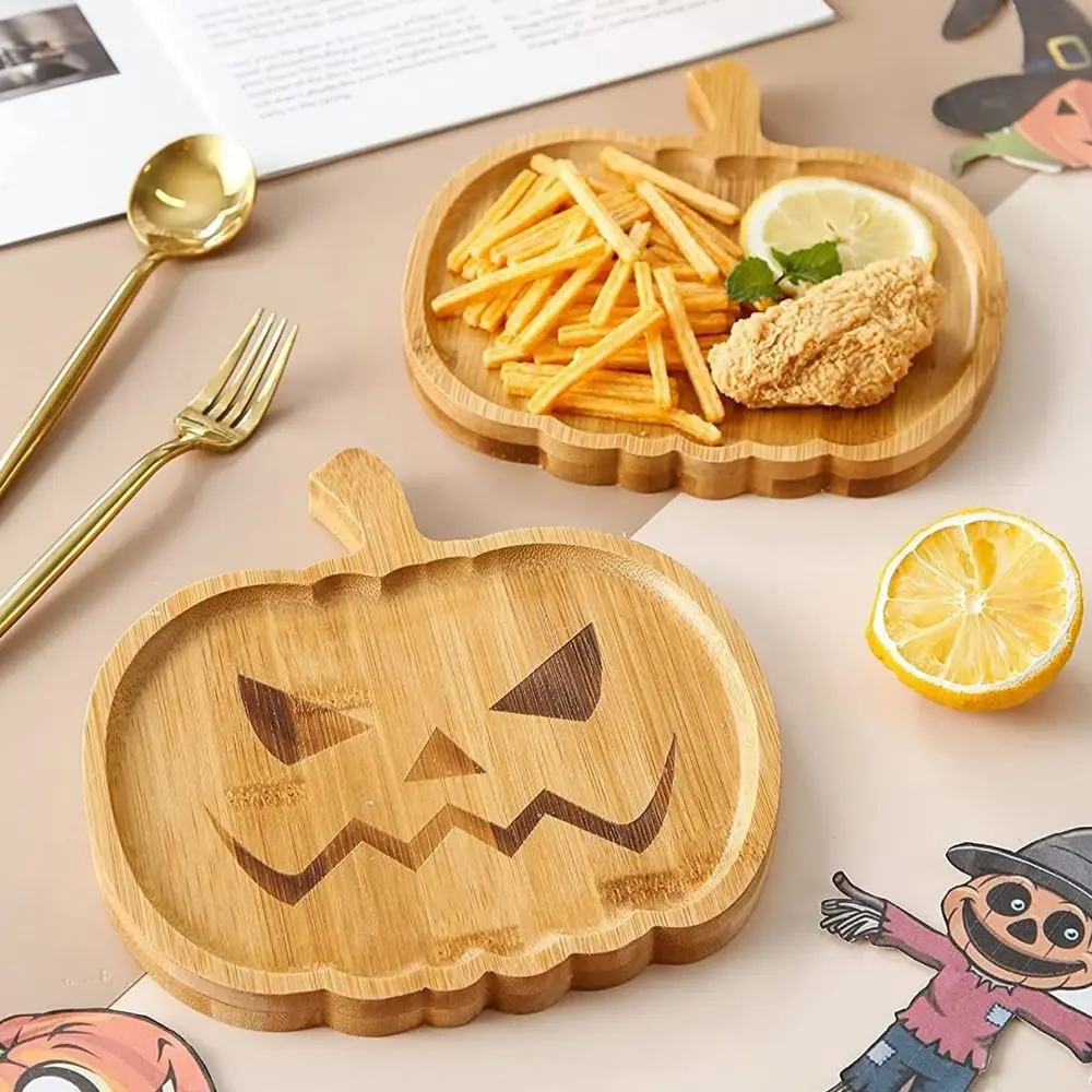 Creative Handmade Halloween Pumpkin Plate Wood Craft Reusable Wooden Plate Tray Cute Cartoon Dessert Board Pumpkin Theme