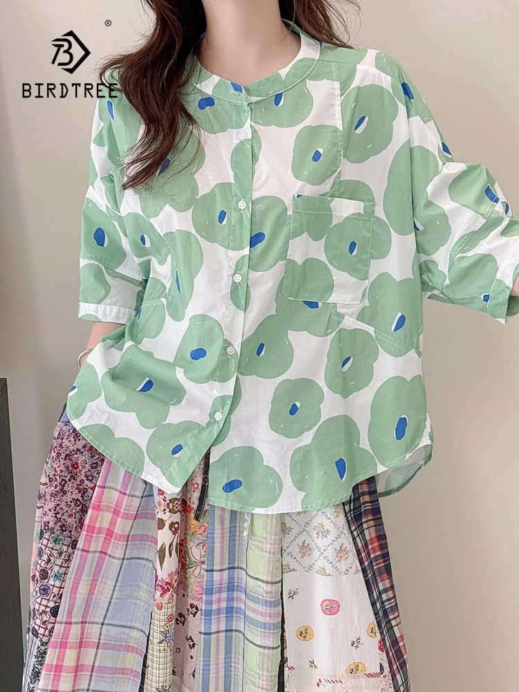 

New 2025 Summer Cotton Short Sleeve Shirt, Women O Neck Cartoon Print, Mori Girl Cute Preppy Style Commute Loose Blouse T57121CC
