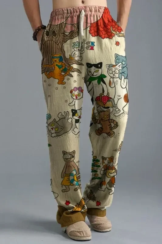 Japanische Samurai Katze druckt weites Bein Hosen Harajuku Freizeit hose Hipster Sommer hose Streetwear Sweapants Männer Frauen Kleidung – Detail 7