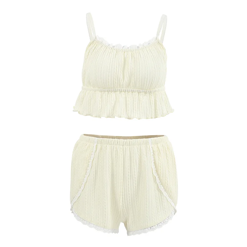 Sexy Short Sets Spring Lace Hollow Out Design Sleeveless Strap Sleepwear Crop Top and Shorts Two Pieces Set Home Suit