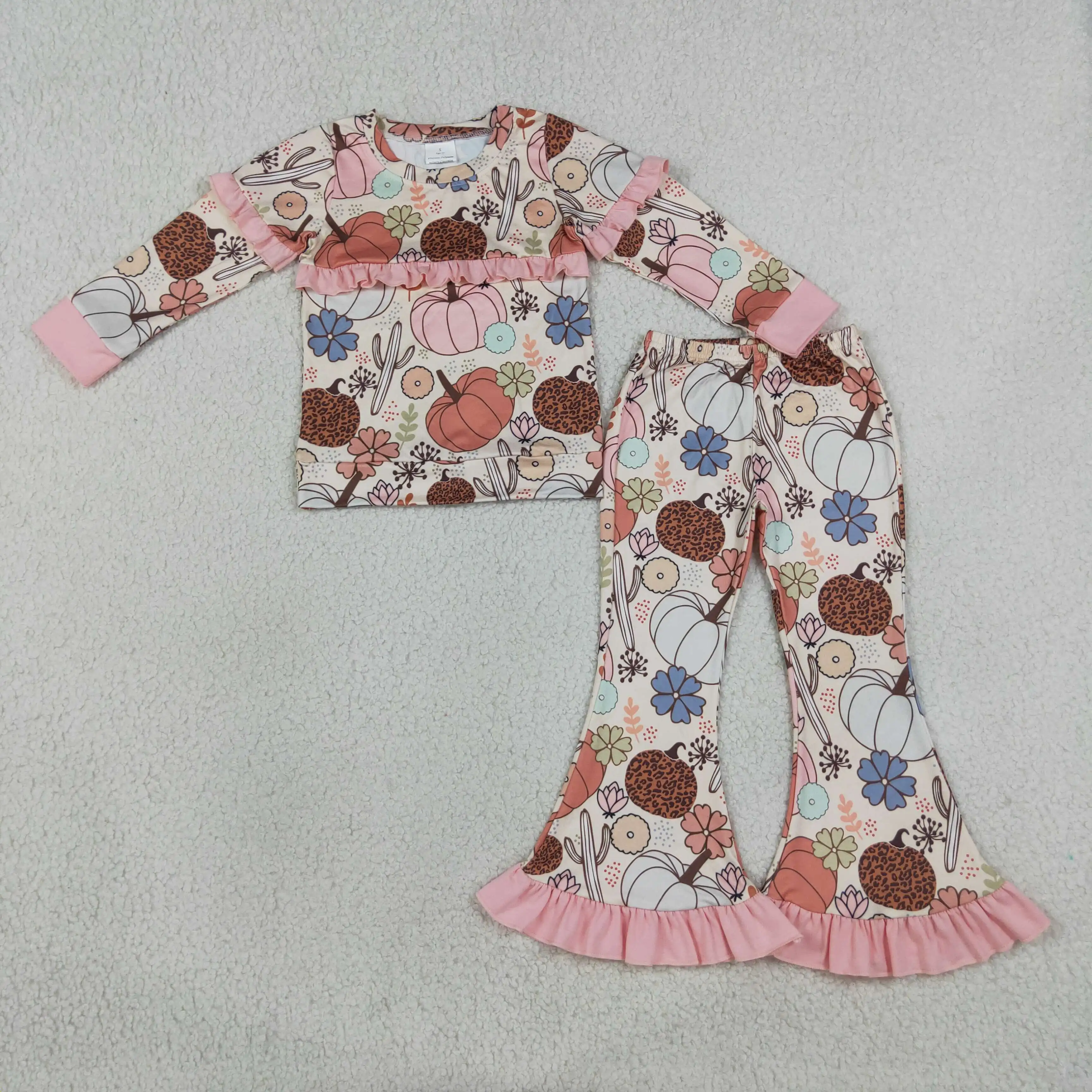 Wholesale Children Girls Pumpkins Cactus Shirt Ruffle Pants Outfit Baby Girl Clothes Toddler Kids Set