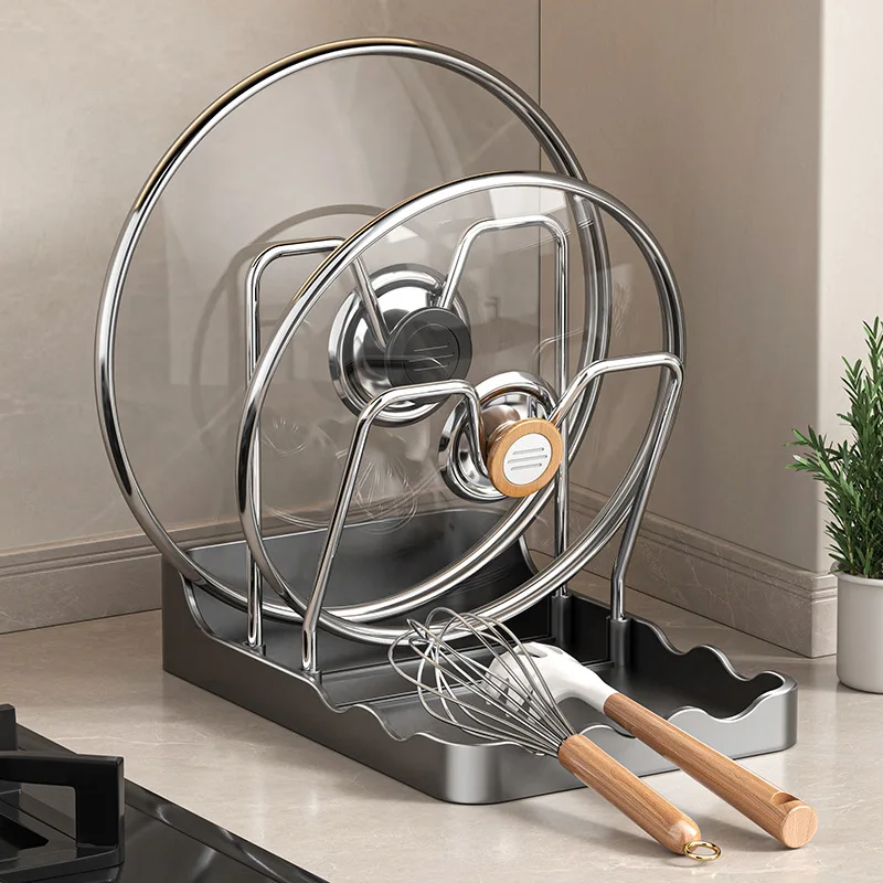 Multifunctional Stainless Steel Pot Lid Organizer While Cooking Pot Lid Rack with Spoon Rest for Stovetop and Kitchen Counter